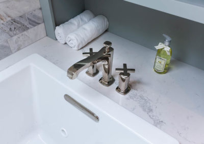 Statuario Maximus light blue vanity master bathroom remodel Kohler Margaux cross handles in polished nickel naperville illinois blue double vanity traditional style transitional