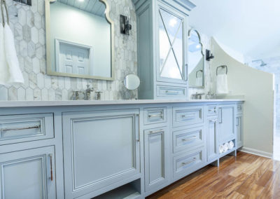 Statuario Maximus light blue vanity master bathroom remodel Kohler Margaux cross handles in polished nickel naperville illinois blue double vanity