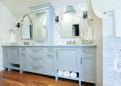 Statuario Maximus light blue vanity master bathroom remodel Kohler Margaux cross handles in polished nickel naperville illinois blue double vanity