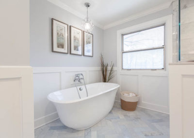 traditional master bathroom remodel clarendon hills illinois marble wainscoting white vanity