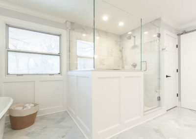 traditional master bathroom remodel clarendon hills illinois marble wainscoting white vanity