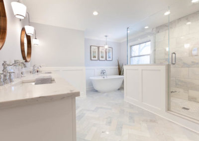 traditional master bathroom remodel clarendon hills illinois marble wainscoting white vanity