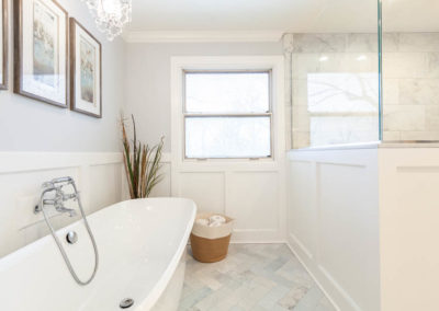 traditional master bathroom remodel clarendon hills illinois marble wainscoting white vanity