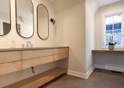 textured chevon tile powder room remodel bleached walnut oak shelf herringbone