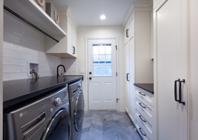 farmhouse kitchen remodel laundry room herringbone shiplap ceiling vintage range white kitchen granite subway backsplash