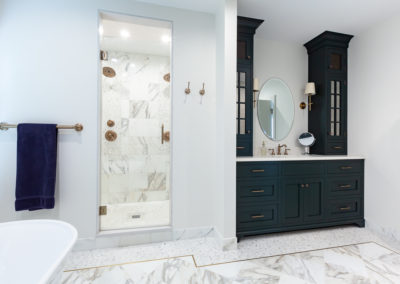 Coastal home remodeling, home remodel, bathroom remodel, master bathroom, marble, custom vanity, free standing tub, clarendon hills, hyland homes