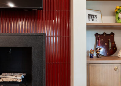 white oak cabinets Ruby Red Fluted D Polished Porcelain Tile fireplace remodel living room clarendon hills illinois