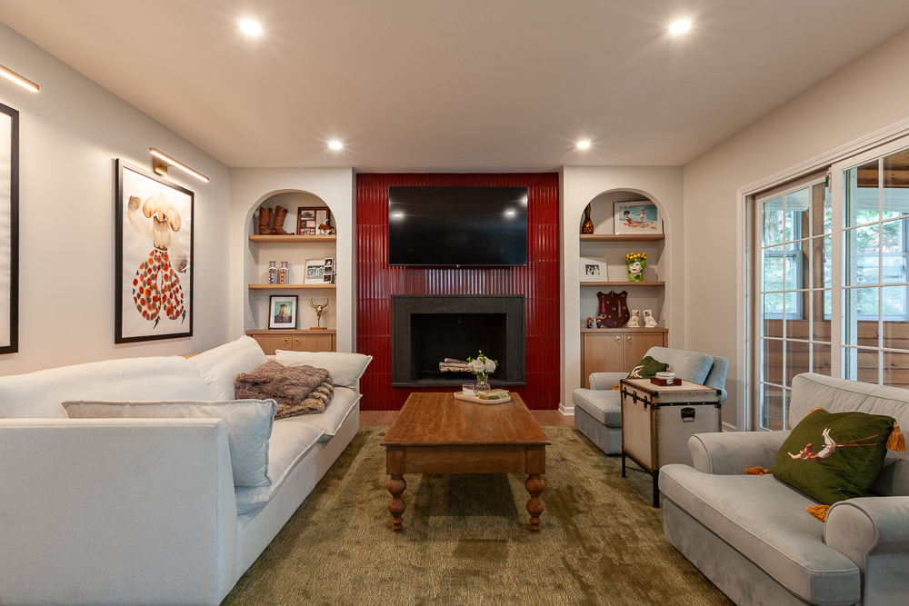 white oak cabinets Ruby Red Fluted D Polished Porcelain Tile fireplace remodel living room clarendon hills illinois