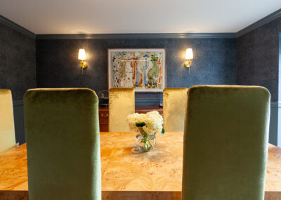 eclectic vintage dining room navy wallpaper clarendon hills illinois