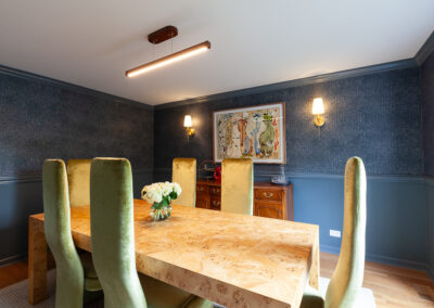 eclectic vintage dining room navy wallpaper clarendon hills illinois