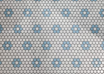 Basement bathroom featuring a black grid shower enclosure, white subway tile, and blue floral mosaic floor tile.